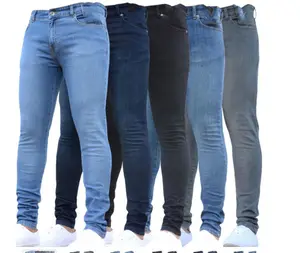 最新デザインファッションデニムスカイブルー韓国エラスティックブランクスリムフィットメンズジーンズパンツ