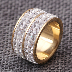 Bague de mode européenne et américaine 12 mm, double rangée de diamants, en acier inoxydable, bijoux de fête unisexe, couleur or acier - Product Image 1