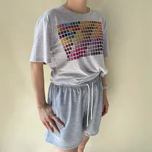 पॉलिएस्टर कॉटन टी शर्ट टैंक क्रॉप टॉप शॉर्ट्स सेट महिलाओं के लिए सब्लिमेशन डीटीएफ सिल्क प्रिंटिंग आउटफिट शॉर्ट्स टी शर्ट के लिए दो पीस सेट