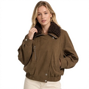 Women's Brown <b>Suede</b> Bomber <b>Jacket</b> With Faux Fur Collar Zipper Closure Autumn Windproof Short Coat <b>Leather</b> <b>Jacket</b> - Product Image 1