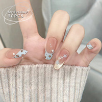 Faux ongles à presser haut de gamme, effet œil de chat et imprimé léopard, style manucure française, amovibles, pour filles