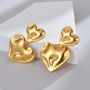 Wholesale Custom Hammered Texture Heart Drop Earrings Stainless Steel Jewelry PVD Gold Plated Double Heart Dangle Earrings