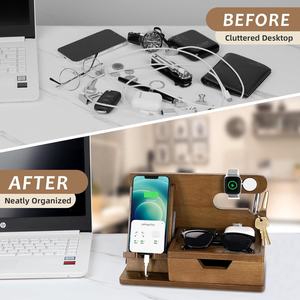 Organisateur de table de chevet en bois d'acacia fonctionnel Station d'accueil pour téléphone avec tiroir Table de chevet Table de chevet Clés de montre pour téléphone portable - Product Image 3