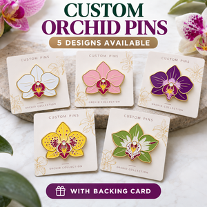 Broche personnalisée en métal émaillé en forme d'orchidée, avec carte de support, cadeaux souvenirs, vente en gros - Product Image 1
