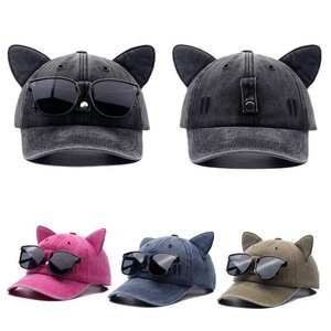 Washed Cotton Baseball Cap With Cat Ears Decorative Sunglasses Design Curved Brim <b>Funny</b> Novelty <b>Hat</b> <b>For</b> Women Party Daily - Product Image 4