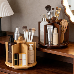 Rotating Cosmetic Storage <b>Box</b> 360 Degree Wood Acrylic Desktop Organizer For <b>Makeup</b> Skincare Perfume Vanity Use - Product Image 1