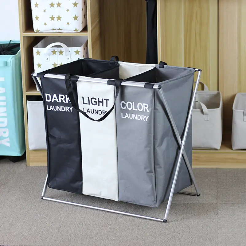 3 Section Laundry Basket Foldable Hamper/Sorter with Waterproof Oxford Bags and Aluminum Frame, Washing Clothes Storage for Home