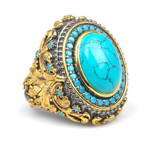 Anillo NUSRET de Plata de Ley 925 Chapado en Oro con Grabado a Mano y Piedra Turquesa, Joyería Turca Modelo WGEYZ1609 - Product Image 4