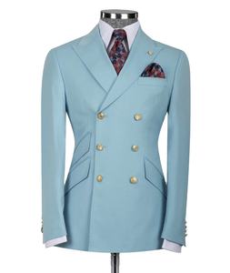 ชุดสูทผู้ชายคลาสสิก สีฟ้าอ่อน 6 กระดุม ทรงเข้ารูป 2 ชิ้น แบบกระดุมสองแถว สำหรับงานแต่งงาน เจ้าบ่าว เพื่อนเจ้าบ่าว เสื้อแจ็คเก็ต กางเกง ตัดเย็บตามสั่ง - Product Image 1