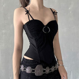 <b>Women</b> Y2K Dark Sexy Lace Patchwork <b>Velvet</b> Cropped Camisole Metal Ring Irregular Spaghetti Strap Clubwear Tank <b>Top</b> - Product Image 5