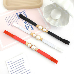 European and American style retro pearl buckle thin belt women's dress elastic waist belt <b>hook</b> narrow waist belt - Product Image 4