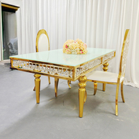 Table de mariage moderne de luxe en acier inoxydable avec plateau en verre, mobilier haut de gamme pour banquets et événements de mariage