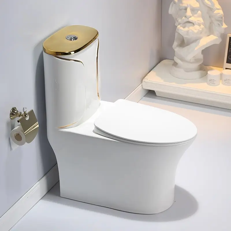 Peralatan sanitasi desain Modern keramik tempat cuci Siphonic satu potong Toilet lubang besar dengan garis emas warna garis hitam kustom