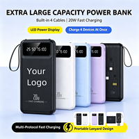 Banque d'alimentation à charge rapide 2A avec affichage numérique personnalisé, 20000 mAh, avec 4 câbles, lampe de poche, support de téléphone, cordon