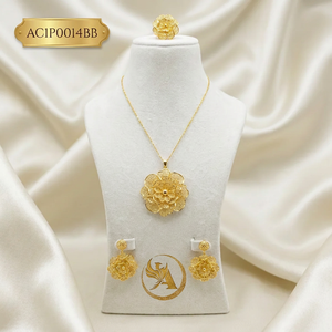 African Floral Pendant Necklace Earrings Set 24K Gold Plated Nigerian Wedding Jewelry - Product Image 1