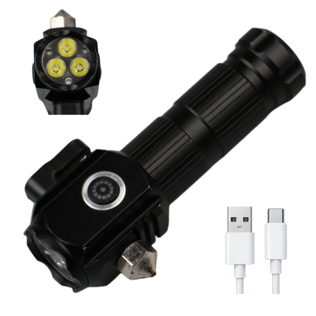 3LED Multifunctional Flashlight with Hammer & Cutter Waterproof Aviation Aluminum IP55 SOS Emergency Rescue