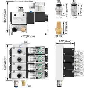 Válvula Solenoide de 4 Estaciones Baomain, Colector de Válvulas Neumáticas de 3 Vías y 2 Posiciones, 12V CC, Puerto de 1/4 PT, Construcción Metálica - Product Image 2