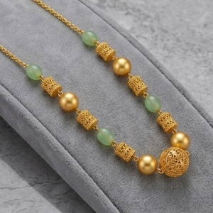 Antique 925 Silver <b>Necklace</b> with Light Green and Gold Beads Long Chain Mala <b>Statement</b> Jewelry for Women Wedding and Party Wear - Product Image 5