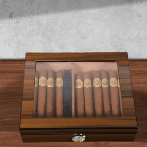 Wholesale Cigar Humidor Glass Top Cigar Box with Hygrometer Humidifier and Divider Desktop Cedar Wood Cigar Humidor Cases