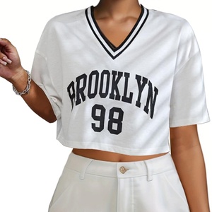 Custom Sublimation Soccer Jersey for Women Oversized Graphic Stripe Trim V Neck Drop Shoulder Summer <b>Tshirts</b> - Product Image 4