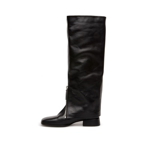 Front Zipper Overlay Black <b>Boots</b> Low Square Heel Women's Knee High <b>Boots</b> Genuine Leather Upper Daily Leisure Size 10.5 - Product Image 5