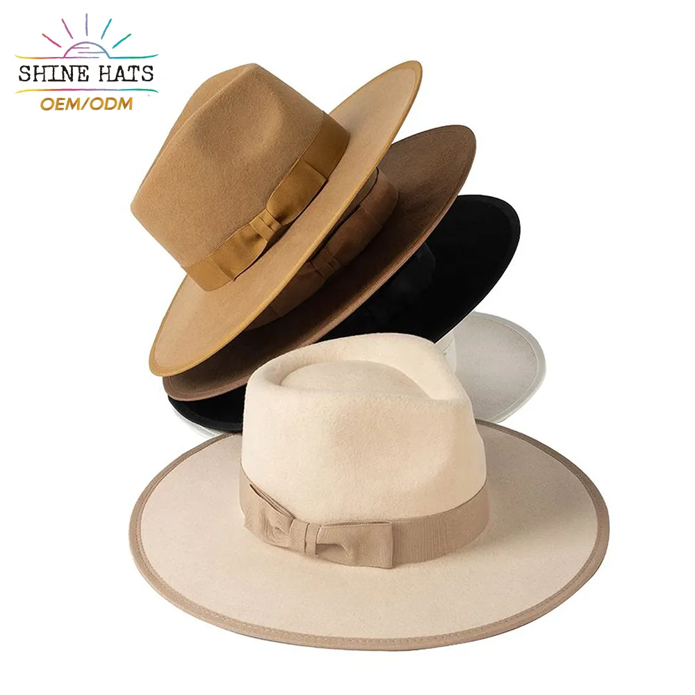 Shinehats Topi Fedora Kustom OEM Mode Topi Lebar Datar Putih Chapeau Femme Sombrero 100% Wol Bulu Grosir dengan Pita Topi