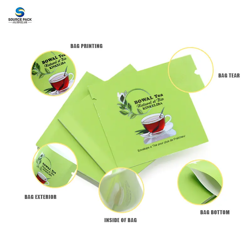 Bolsitas de té planas brillantes impresas personalizadas, bolsas de té con sellado de tres lados, papel de aluminio laminado, bolsitas de té selladas de 3 lados