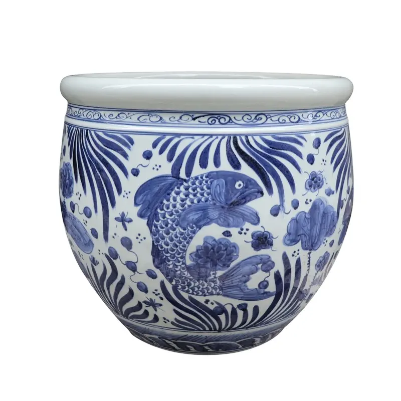 RZSC15-C Jingdezhen bleu et blanc motif poisson et algues pot de fleur en céramique réservoir de grande taille jardinière