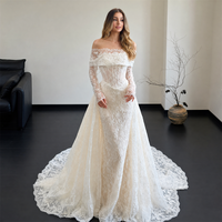 Robe de mariée en dentelle ivoire, épaules dénudées, manches longues Bardot, corset, traîne sirène, bordure festonnée, sur mesure, vente en gros
