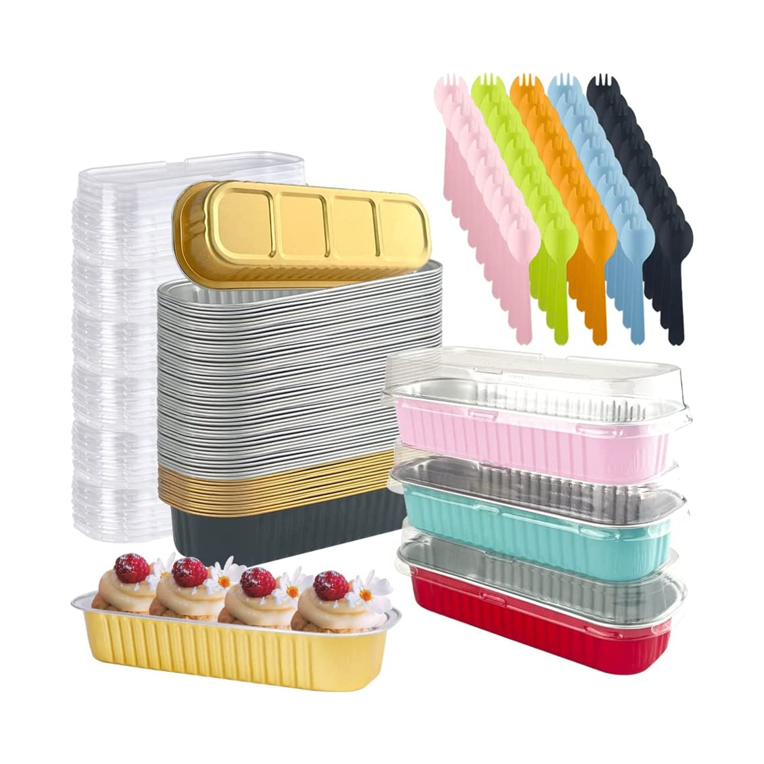 Mini Loaf Pans With Lids and Spoons, 6.8oz Aluminum Foil Baking Pans, Rectangle Cupcake Baking Cups Muffin Tins