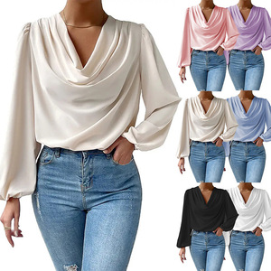 Camicetta da <span class=keywords><strong>donna</strong></span> in chiffon con scollo a V, maniche lunghe, vestibilità ampia, drappeggiata, casual, tipo tunica - Product Image 1