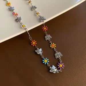 Stainless Steel Fashion Flower Daisy Clavicle Chain Necklace Bracelet Set Sweet Color Floral Drip Oil Choker Bohemian Jewelry