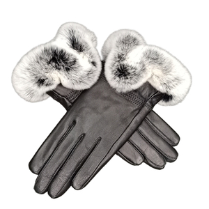 Gants d'hiver en cuir pour femmes avec fourrure de lapin Rex et peau de mouton en velours, gants thermiques, style uni décontracté - Product Image 1