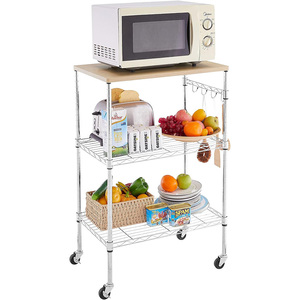 Chariot de micro-ondes avec <span class=keywords><strong>roulettes</strong></span>, chariot roulant à 3 niveaux, chariot de rangement multifonctionnel en métal pour la cuisine, chariots de cuisine sur <span class=keywords><strong>roulettes</strong></span>, bois + chrome - Product Image 1
