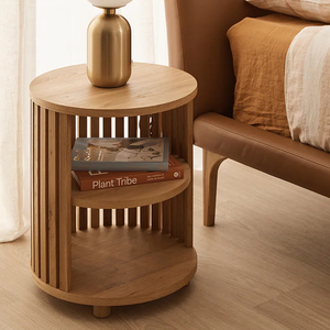 Vintage Bamboo Design Large Round <strong>Bedside</strong> <strong>Table</strong> With Wheels Wooden <strong>Slim</strong> Tall <strong>Bedside</strong> Laptop <strong>Table</strong> - Product Image 1