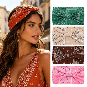 Diadema elástica de algodón anudada estilo bohemio al por mayor, turbante deportivo antideslizante con estampado Paisley europeo-americano, accesorios para el cabello para mujer. - Product Image 1