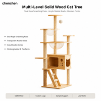 Arbre à chat multi-niveaux en bois massif avec poteaux à gratter en corde de sisal, bols en acrylique et condo en bois pour chats d'intérieur
