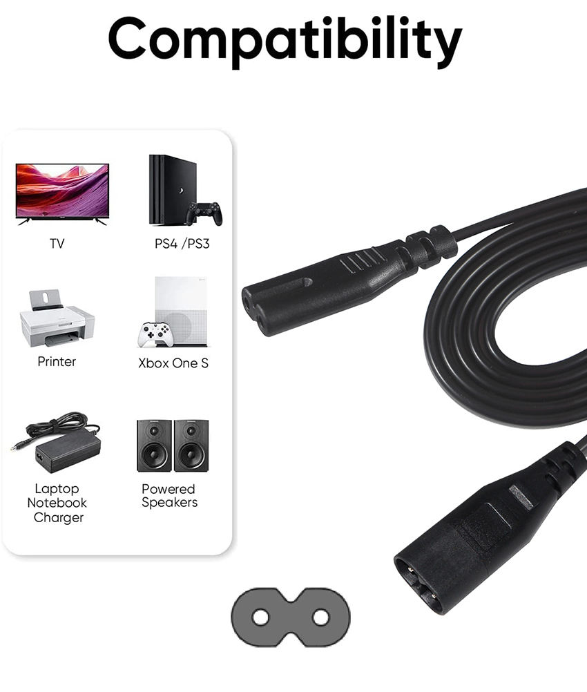 2ピン図8オス-メス電源コード電源アダプタ延長ケーブルIEC C8プラグ-C7