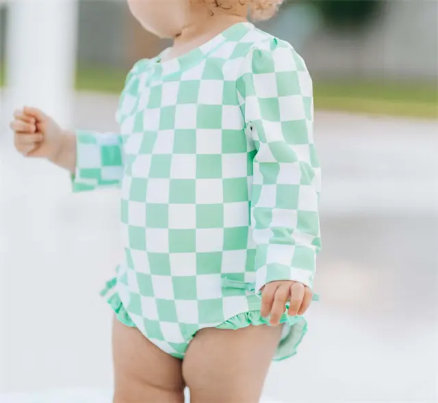 1 Pcs Custom Hot Stamp Label checkerboard cotton Summer Baby Infant Clothing Toddler Girls Swimwear