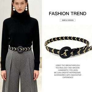 Cintura Vintage di Lusso in Pelle PU Intrecciata per Donne, Catena Metallica Dorata, Fibbia Rotonda alla Moda, Accessorio per Abiti e Cappotti - Product Image 2