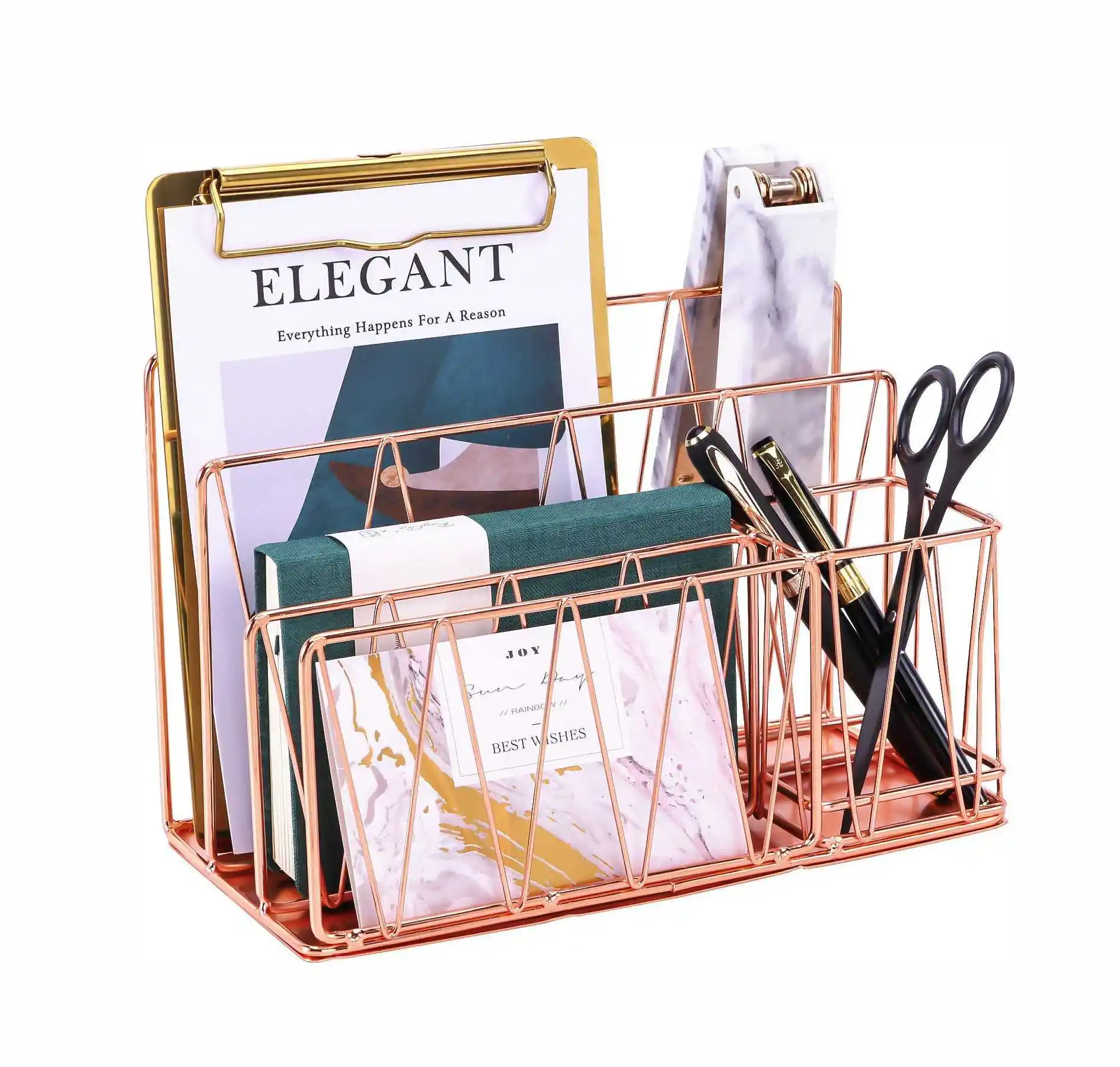 Metal Wire Rose Gold Design Letter Sorter with Pen Holder Home Office Desktop Organizers and Accessories Storage Rack