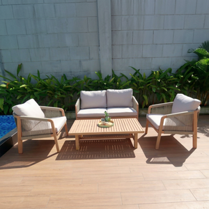 Ensemble de meubles de jardin de luxe contemporain en bois d'acacia, rotin et teck, avec tissu imperméable, pour hôtel, canapé, table à manger et chaises - Product Image 1