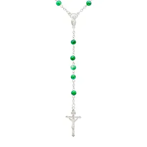 저렴한 가격 처녀 메리 예수 크로스 펜던트 긴 6mm 녹색 자연 돌 페르시 목걸이 합금 승화 가톨릭 묵주
