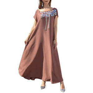 Abito da sposa lungo marrone semplice caffè con cintura da <span class=keywords><strong>donna</strong></span> con paillettes alla moda Eid Party vestito a spalla nuda - Product Image 1