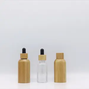 Flacon d'huile essentielle en verre de bambou avec capuchon, contenant cosmétique rond givré, 5ml, 10ml, 15ml, 20ml, 30ml, 50ml, 100ml