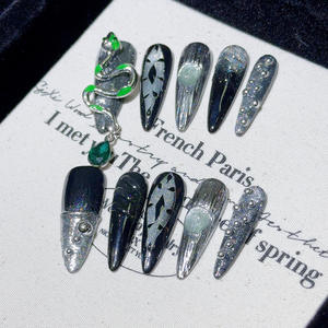 แผ่นติดเล็บเรซิ่นลายเกราะแบบสวมใส่ได้ ดีไซน์ยาวแหลมสีเข้ม ลายตาแมว สไตล์สลิธีริน พังก์ เมทัล ลายตาปีศาจ ได้รับการรับรองมาตรฐาน CE สินค้าหรูหรา - Product Image 2