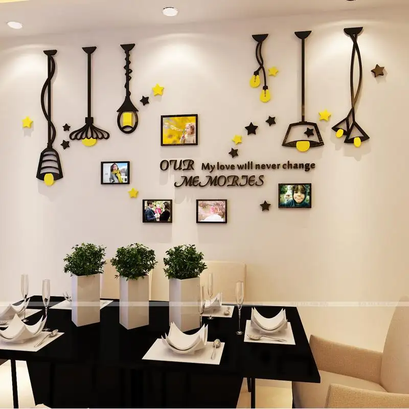 Acrylic Art 3D Wall Sticker  Black and Yellow Lamp Design with DIY Photo Frame  Wall Decors for Home sofa background dining room