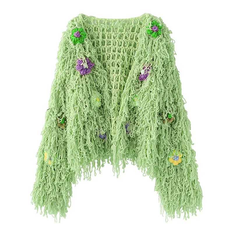 Cárdigan de ganchillo para mujer, suéter con diseño de flores y borlas, personalizado, tejido a mano, ropa de calle