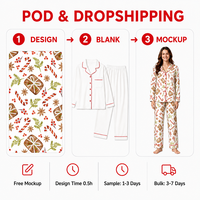 Ensemble de pyjama personnalisé pour femme en polyester, motif canne à sucre aquarelle blanche de Noël, col cranté en satin, taille élastique, respirant, POD