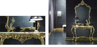 Table console en marbre avec miroir, style baroque luxueux, sculptée en bois doré